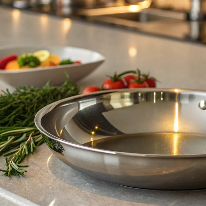 A stainless steel restaurant quality pan with fresh ingredients ready for cooking.