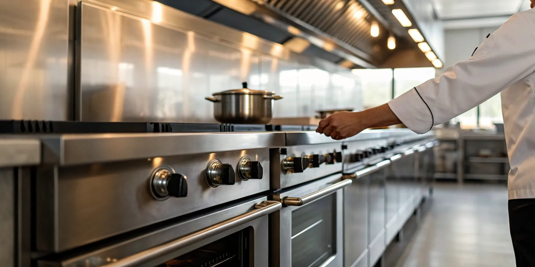 Chef adjusting a commercial stove in a kitchen with professional catering equipment.