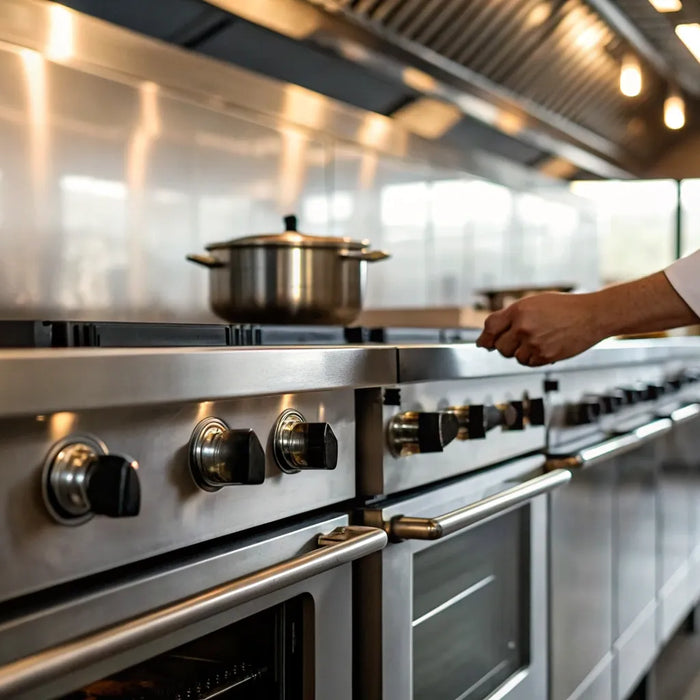 Chef adjusting a commercial stove in a kitchen with professional catering equipment.