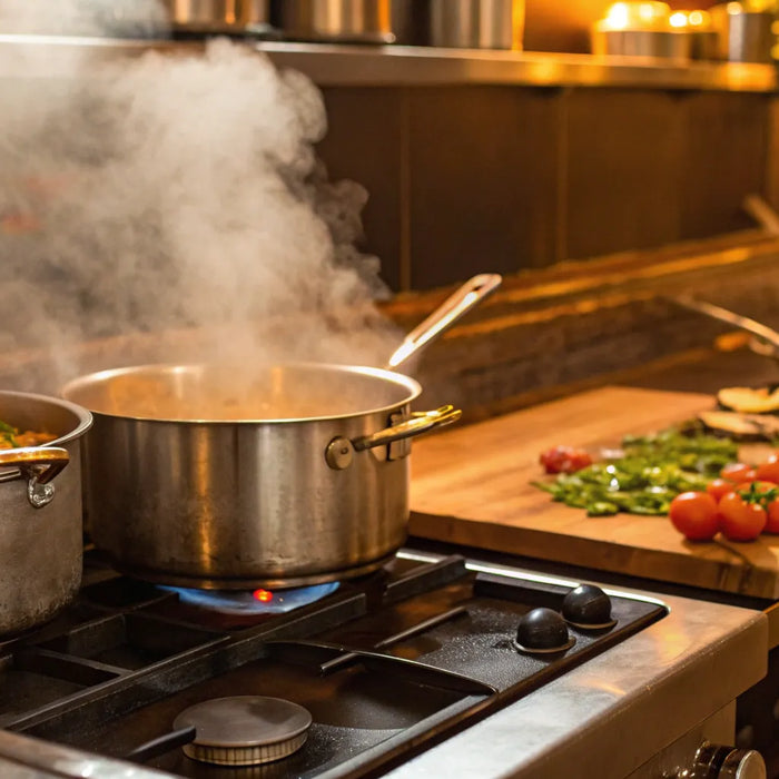 Commercial kitchen equipment with stockpots simmering on the stove in a New Orleans restaurant.