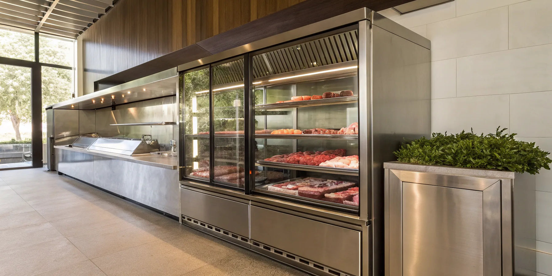 A commercial meat case with glass doors displaying various cuts of fresh meat.