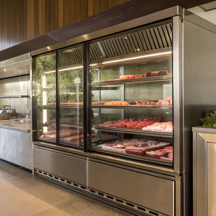 A commercial meat case with glass doors displaying various cuts of fresh meat.