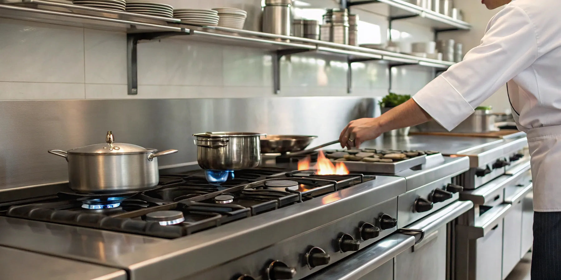 Chef using rented restaurant equipment like stainless steel stoves in a professional kitchen.