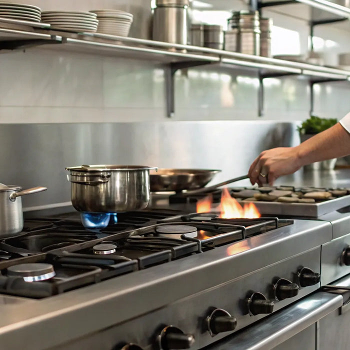 Chef using rented restaurant equipment like stainless steel stoves in a professional kitchen.