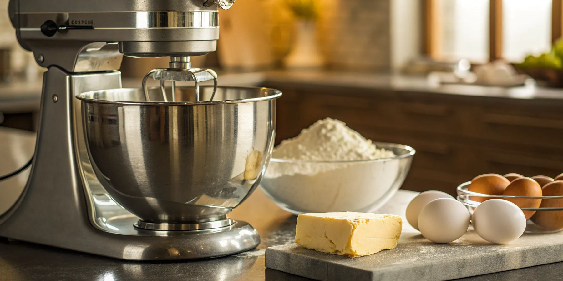 A KitchenAid heavy duty mixer with a stainless steel bowl and baking ingredients.