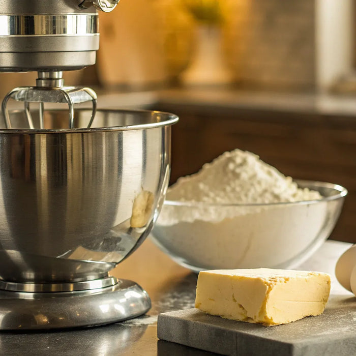 A KitchenAid heavy duty mixer with a stainless steel bowl and baking ingredients.