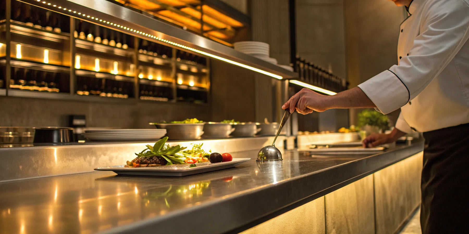 A chef plates a dish in a San Francisco restaurant kitchen using bulk supplies from Restaurant Depot.