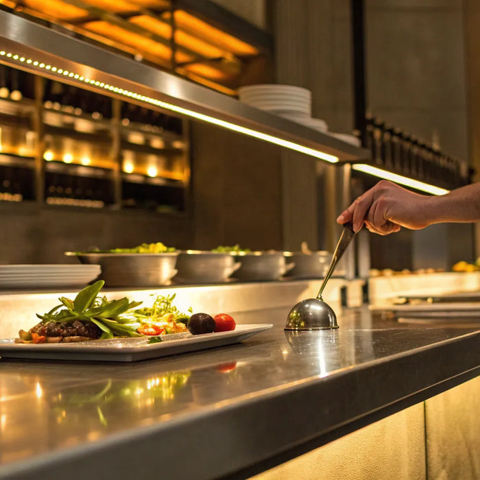 A chef plates a dish in a San Francisco restaurant kitchen using bulk supplies from Restaurant Depot.
