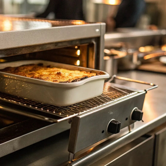 Salamander broiler melting cheese on a casserole.
