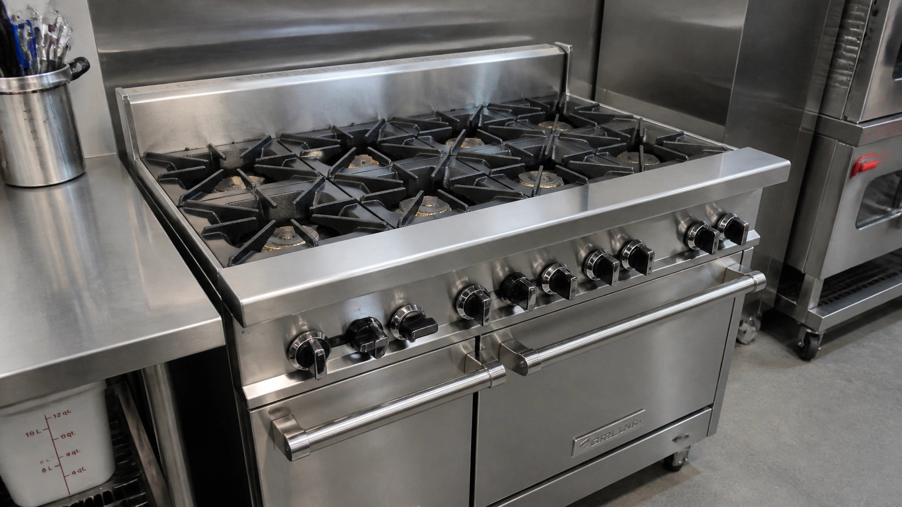 Line cook cleaning a commercial Atosa gas range cooktop with cast-iron grates removed and burner box exposed