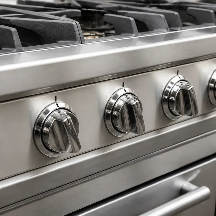 Atosa AGR 6 burner gas range with standard oven base on stainless steel cookline with overhead Type 1 hood