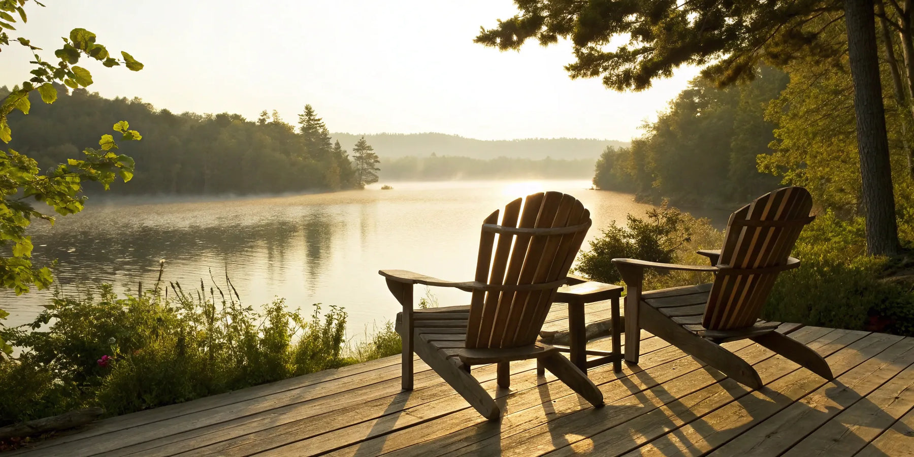 Adirondack chairs overlooking a tranquil lake.