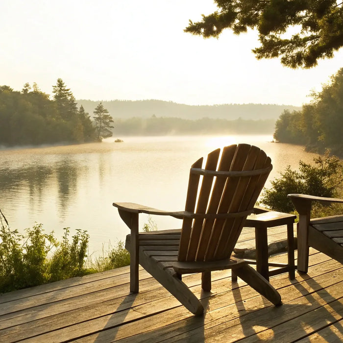 Adirondack chairs overlooking a tranquil lake.