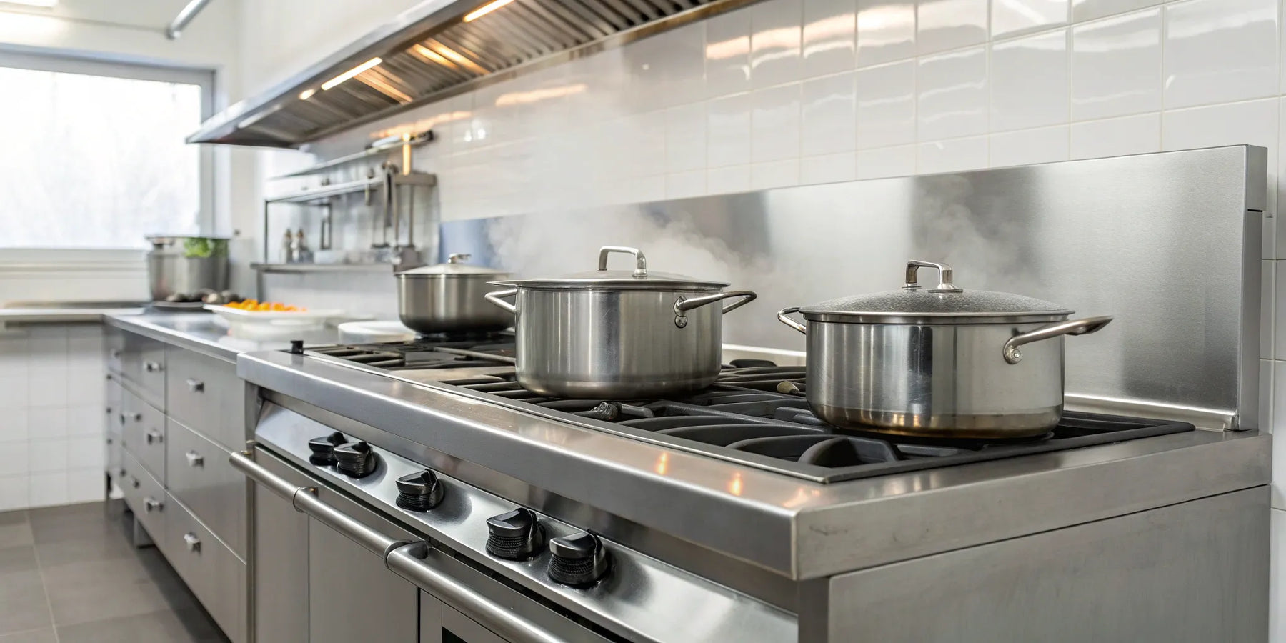 Stainless steel American ranges in a commercial kitchen with steam rising from pots on the burners.
