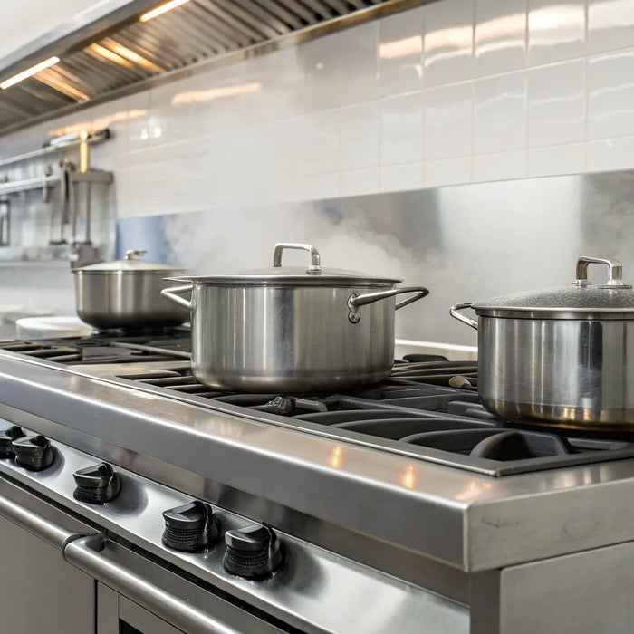 Stainless steel American ranges in a commercial kitchen with steam rising from pots on the burners.