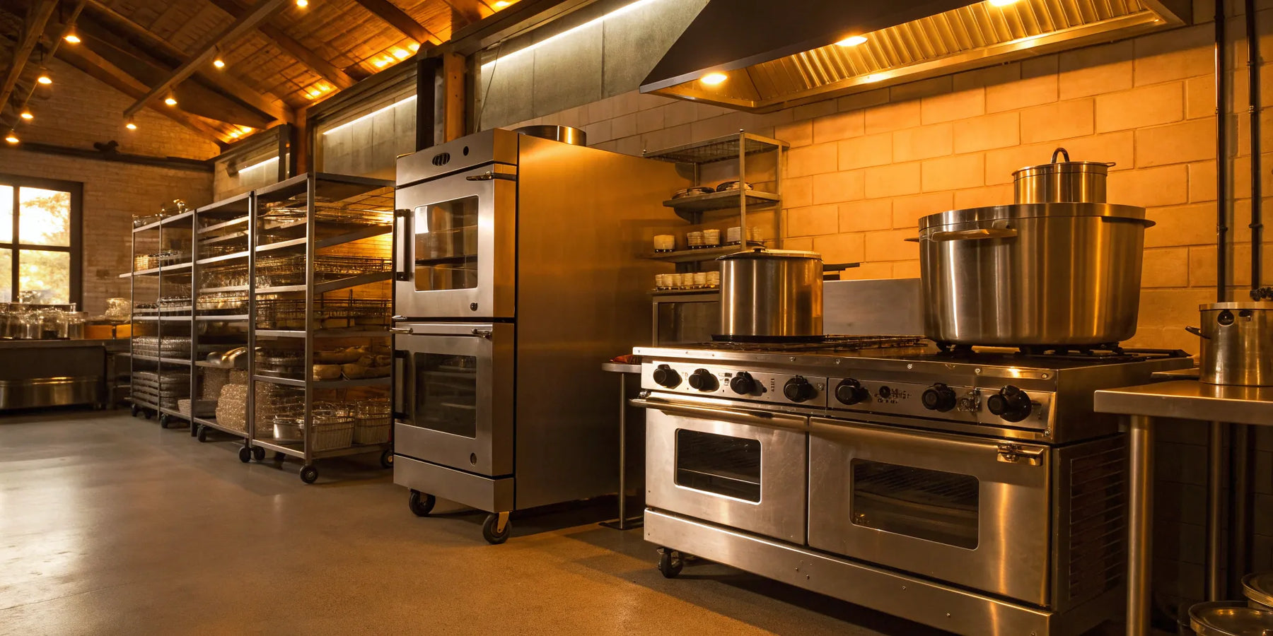 Aisle of commercial kitchen equipment at Chattanooga Restaurant Supply.