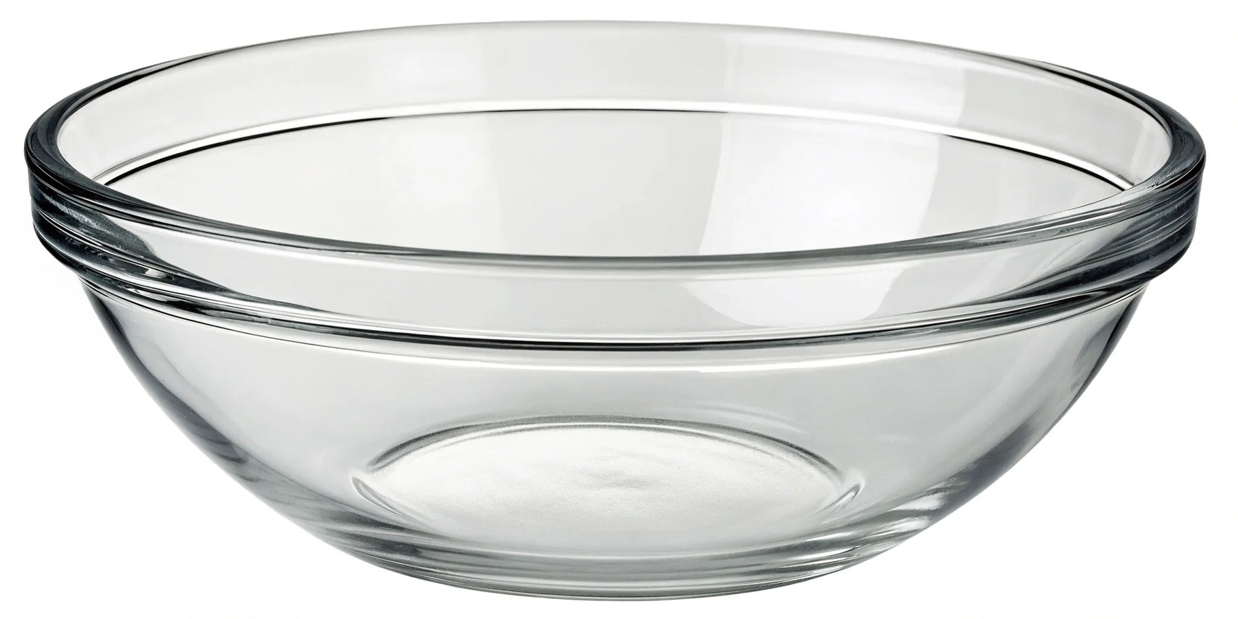 Clear glass Anchor Hocking mixing bowl, durable and versatile.