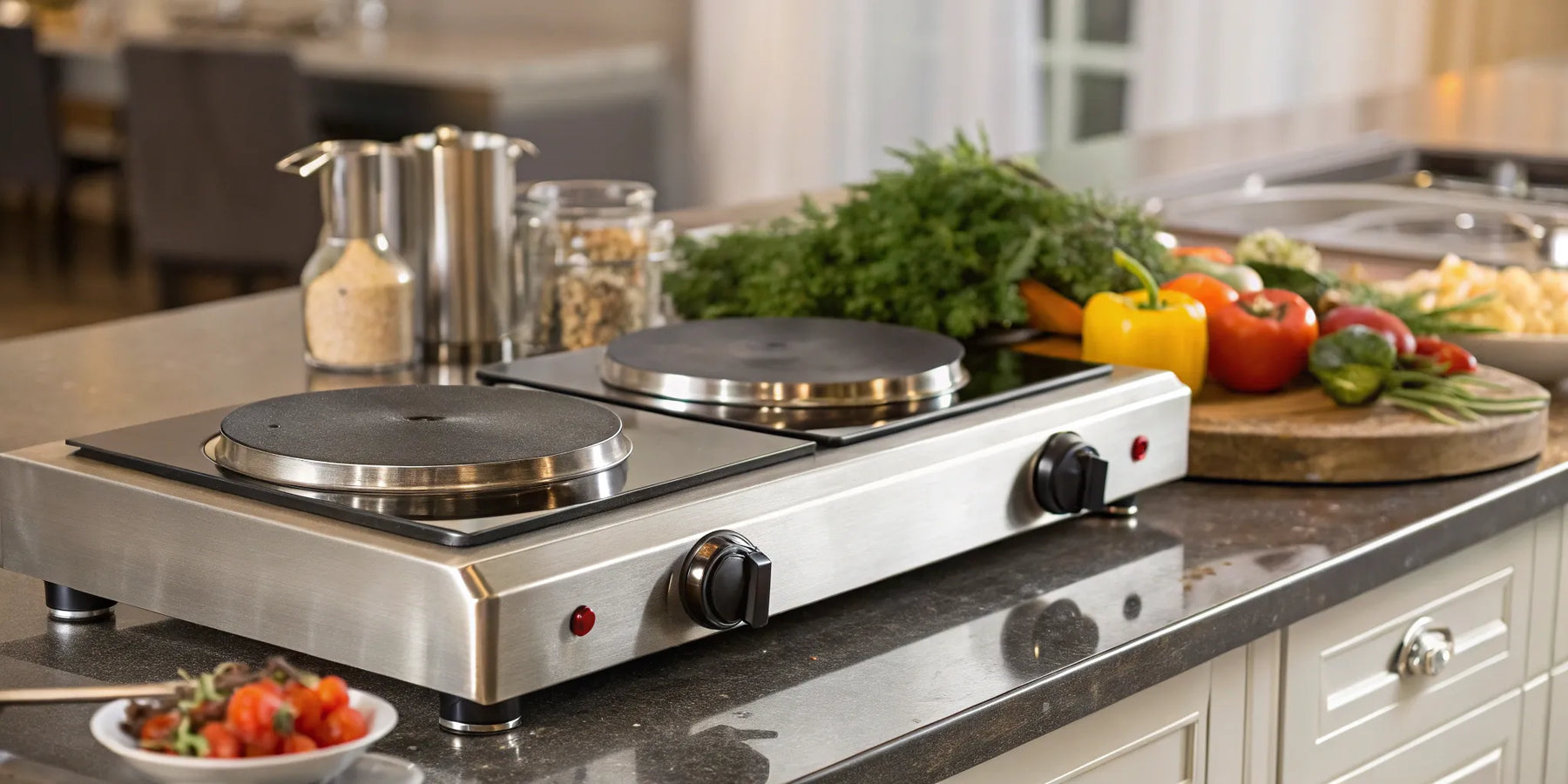 Atosa 2-burner hot plate in a commercial kitchen.