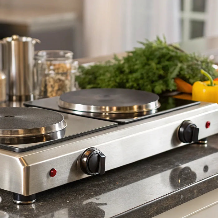Atosa 2-burner hot plate in a commercial kitchen.