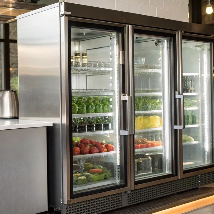 Atosa 2-door glass cooler with bright LED lighting.