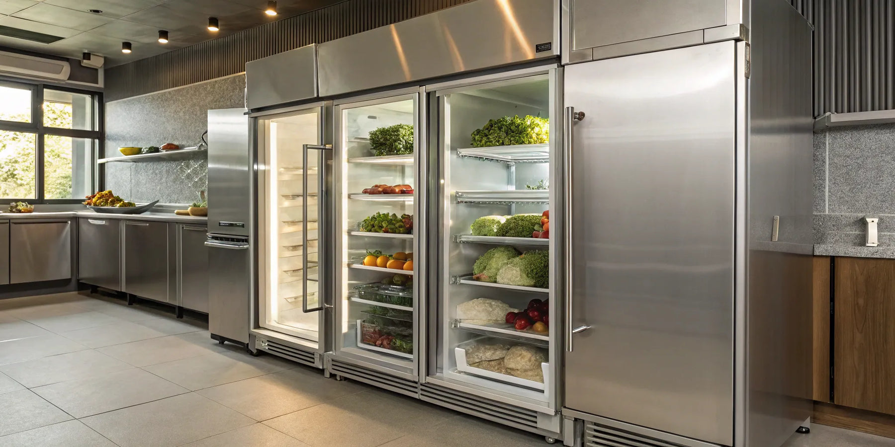 Atosa 3-door freezer with stainless steel finish.