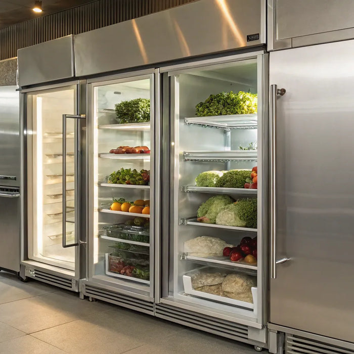 Atosa 3-door freezer with stainless steel finish.