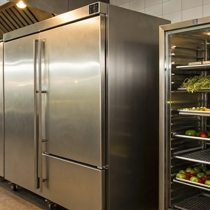 Atosa 3-door commercial refrigerator with stainless steel finish.
