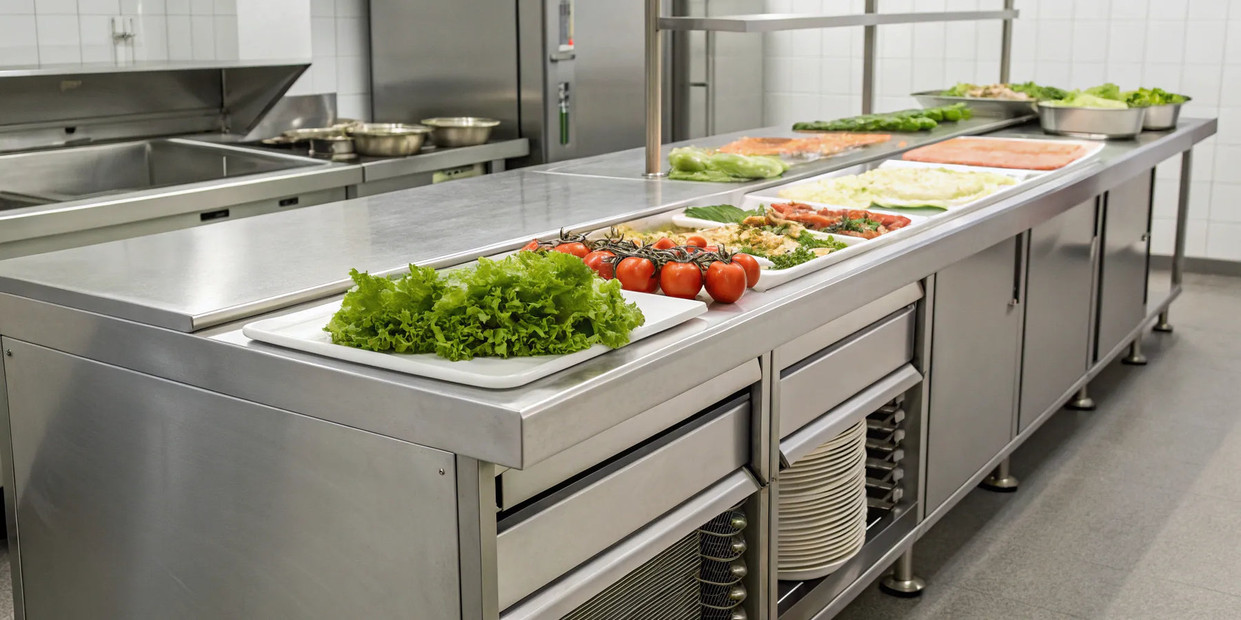 Atosa 48" sandwich prep table with stainless steel storage.