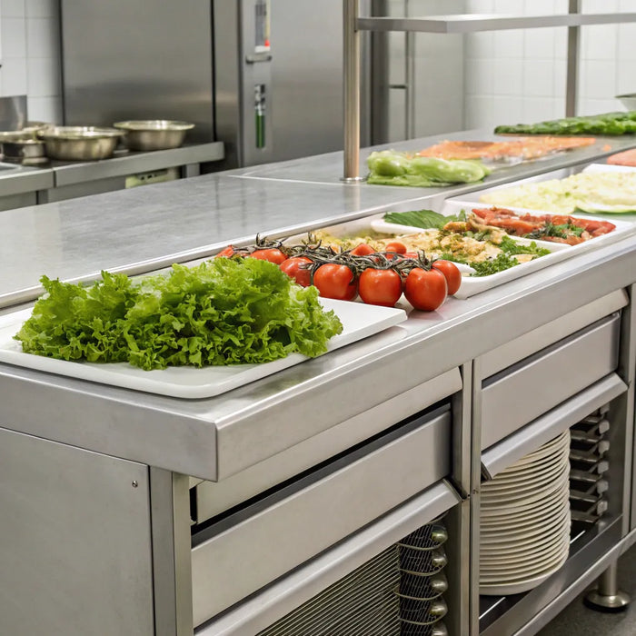 Atosa 48" sandwich prep table with stainless steel storage.