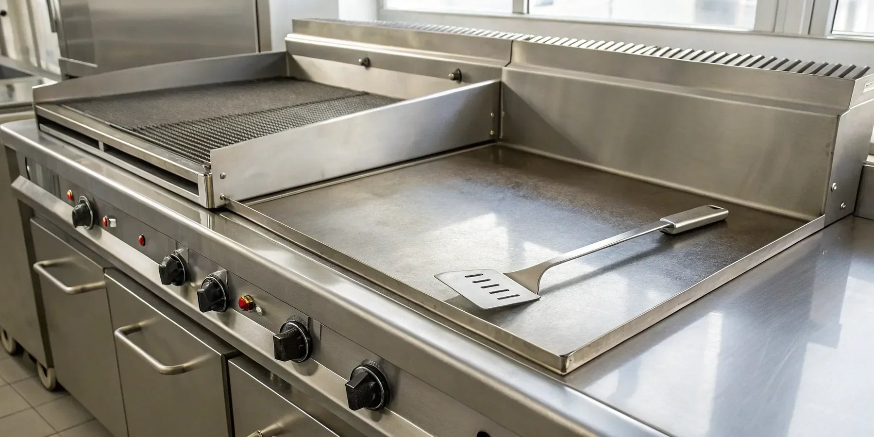 Atosa ATMG-36 griddle's stainless steel surface and controls.