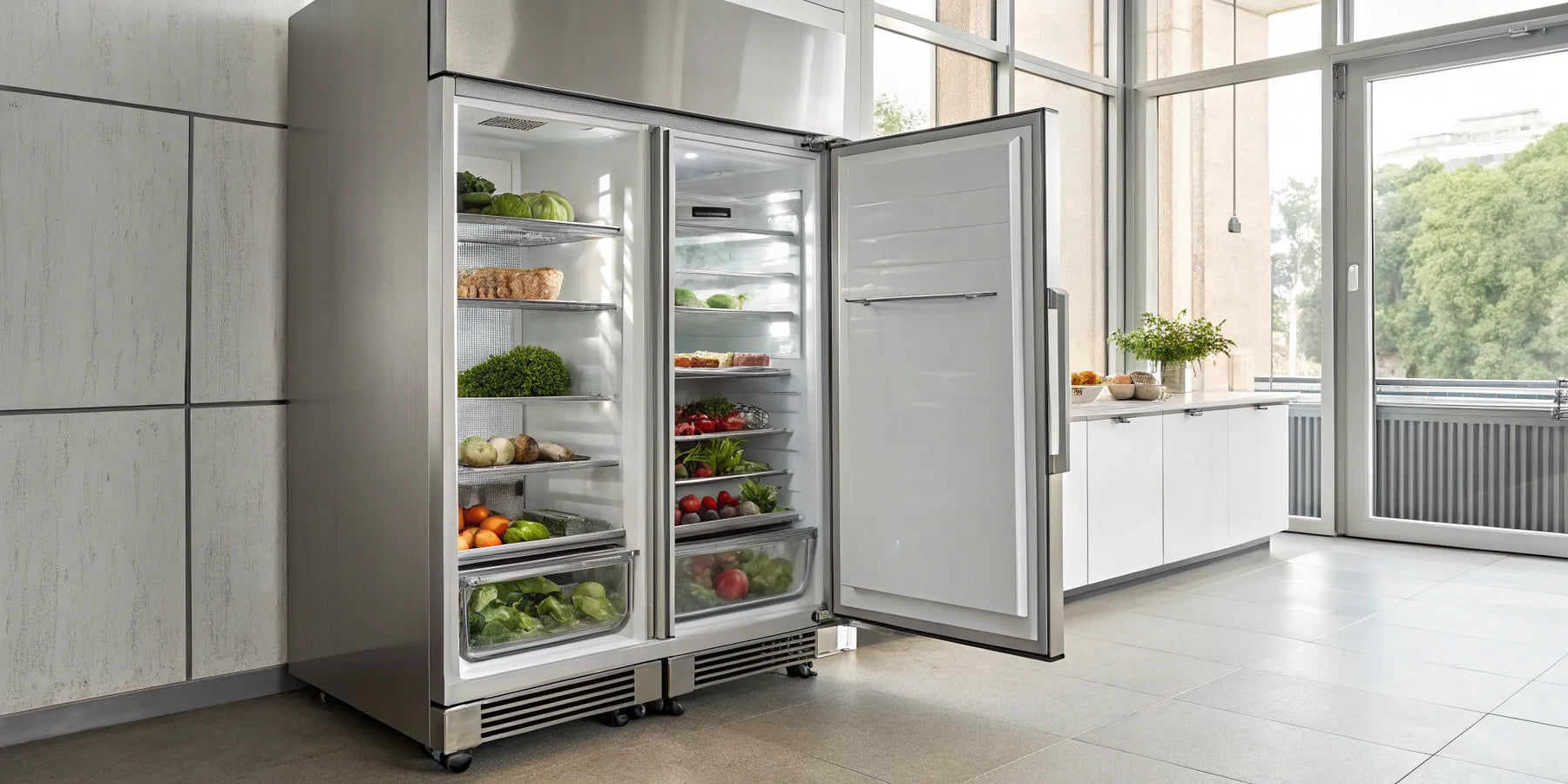 A stainless steel Atosa commercial freezer with doors open, stocked with fresh ingredients.