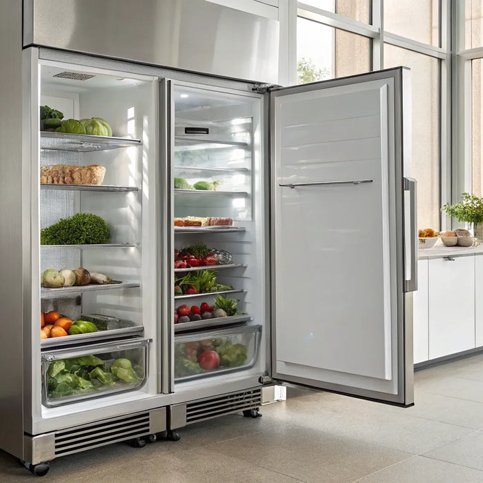A stainless steel Atosa commercial freezer with doors open, stocked with fresh ingredients.
