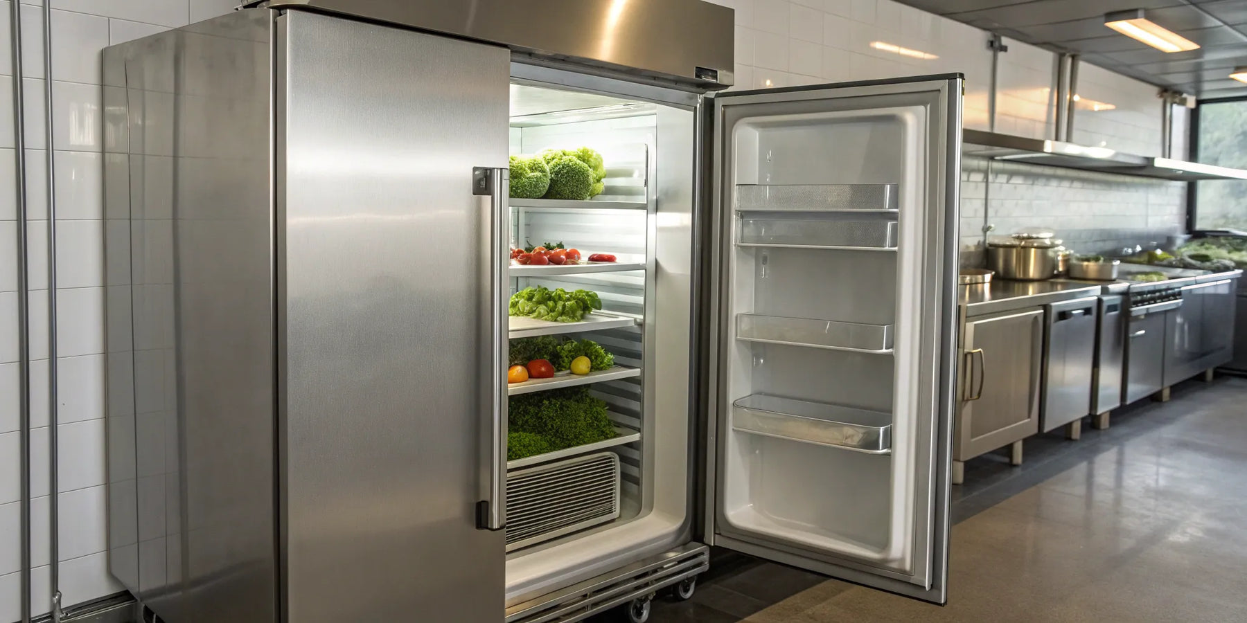 A stainless steel Atosa freezer for commercial kitchens with its door open to show adjustable shelves.