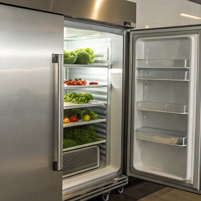 A stainless steel Atosa freezer for commercial kitchens with its door open to show adjustable shelves.