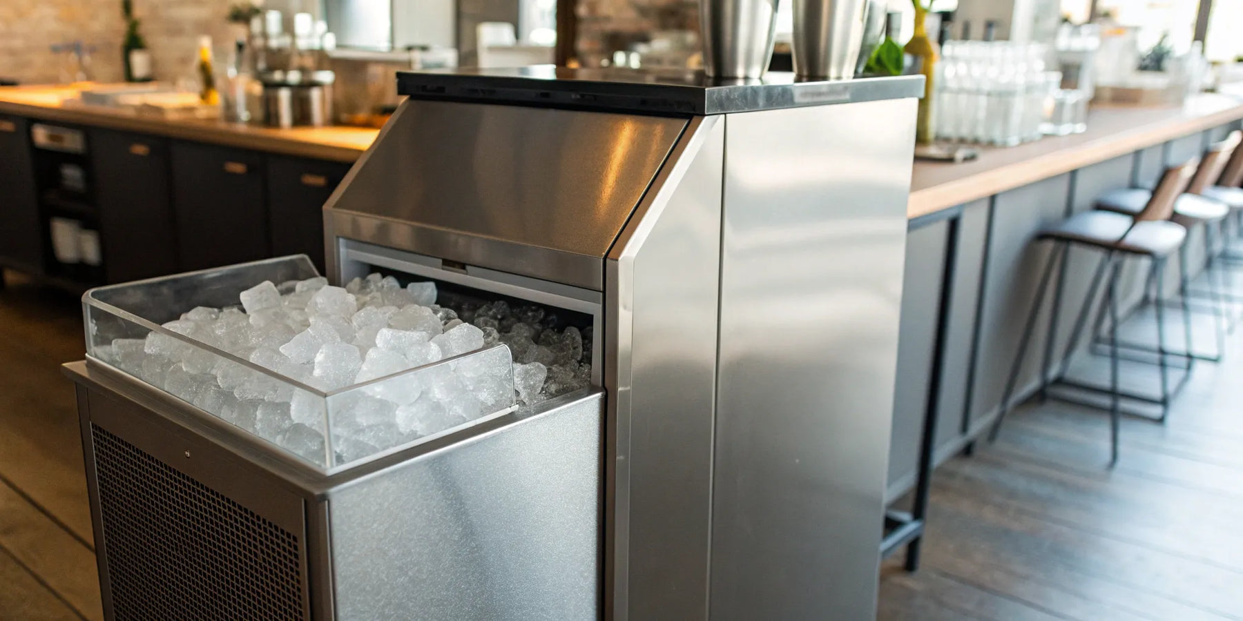 A stainless steel Atosa ice machine full of fresh ice in a commercial kitchen.