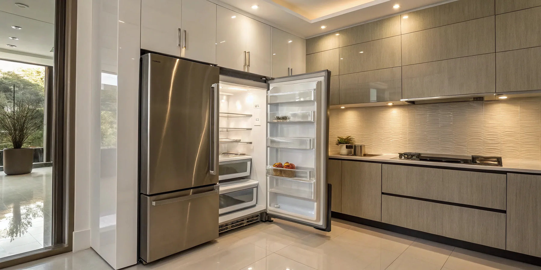 Atosa MCF8707GR stainless steel refrigerator with open door, displaying its spacious interior.