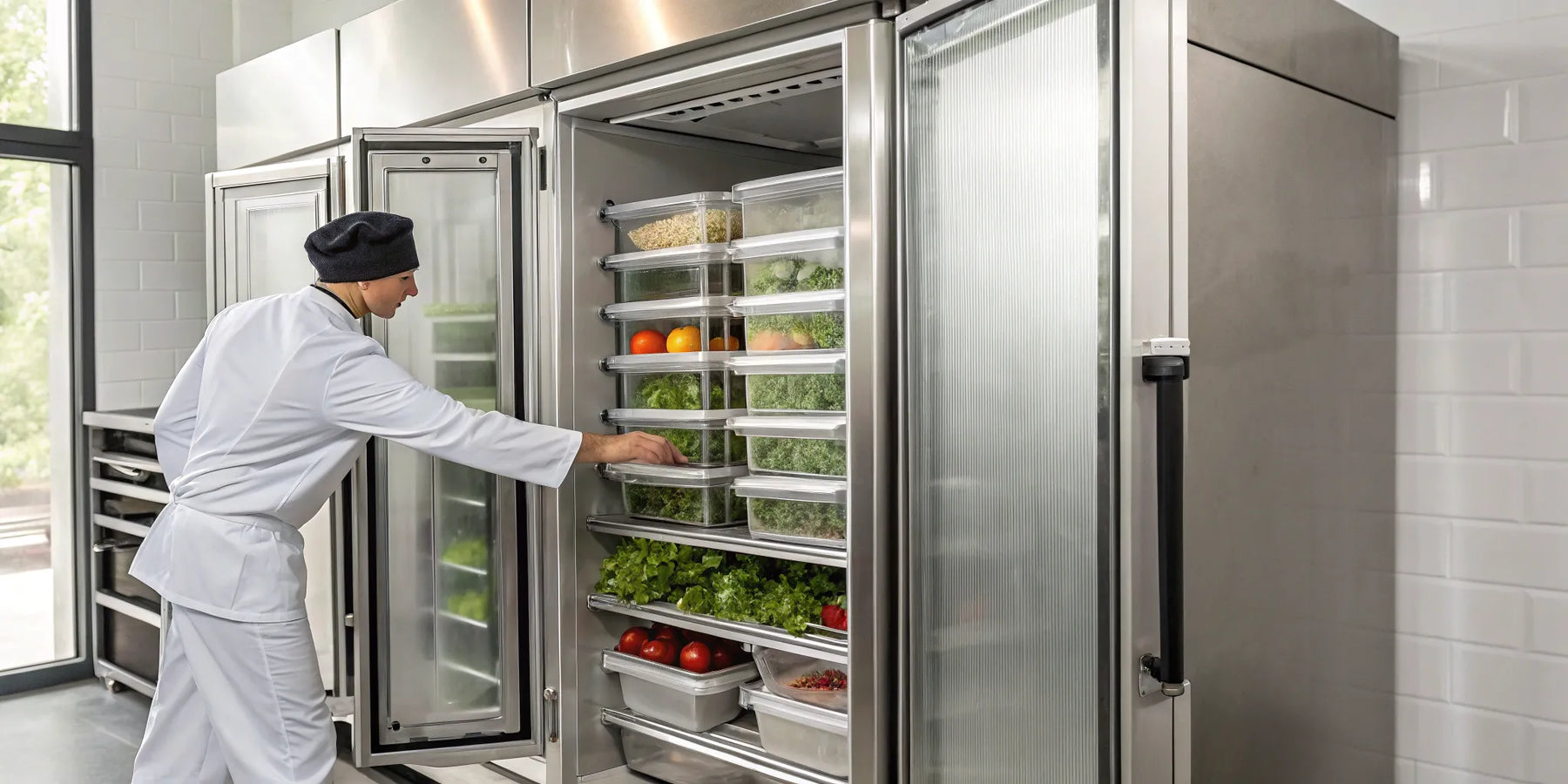 Atosa MGF 36 FGR commercial freezer with organized food storage.