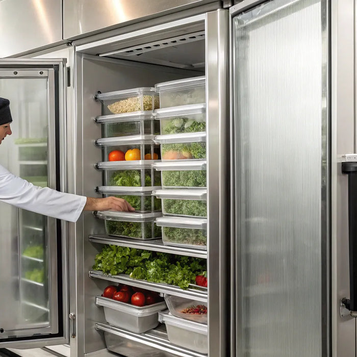 Atosa MGF 36 FGR commercial freezer with organized food storage.