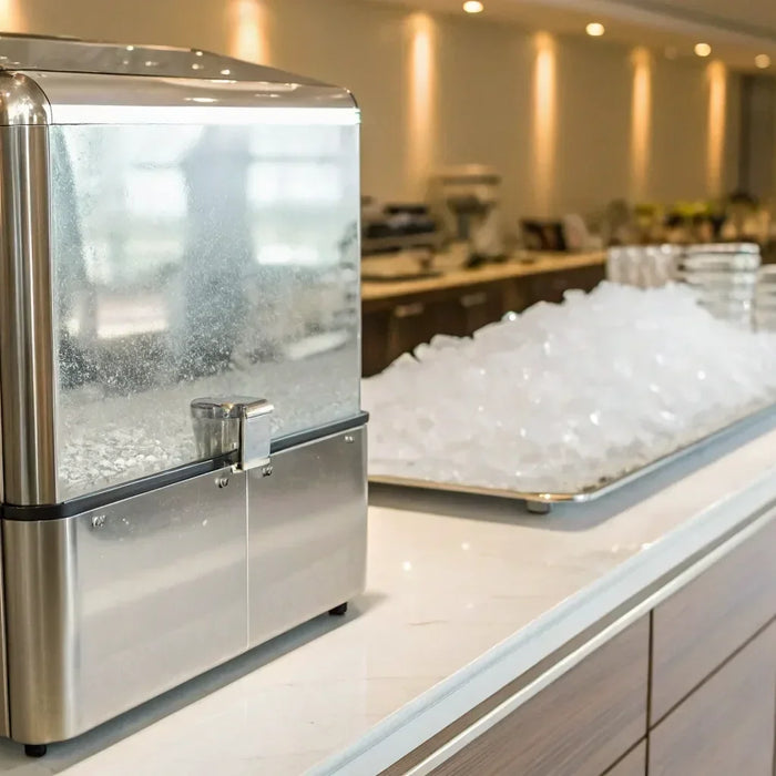 Atossa 350 lb ice machine: Reliable, compact, and energy-efficient for hotel use.