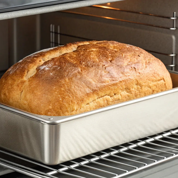 Artisan bread loaf with a perfect crust baking inside a convection oven.