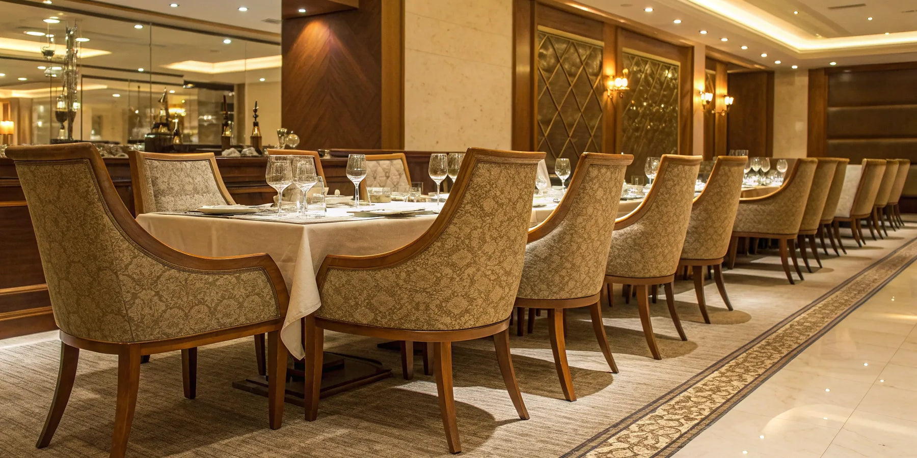 Elegant banquet chairs for sale set for a formal dining event.