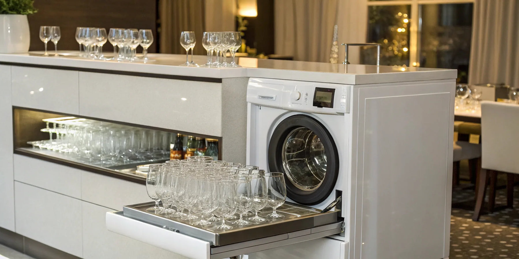 Commercial bar glass washing machine with a rack of clean glasses.