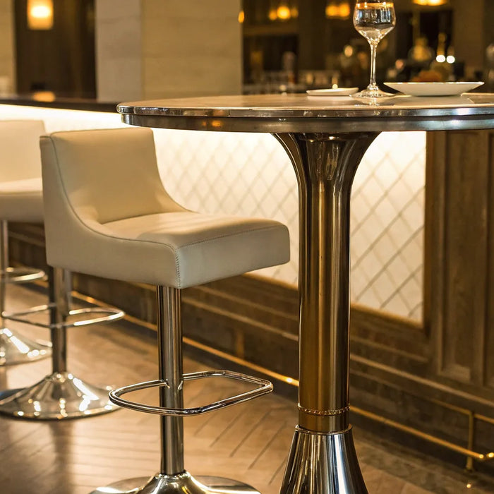 Standard bar table height with accompanying stools.