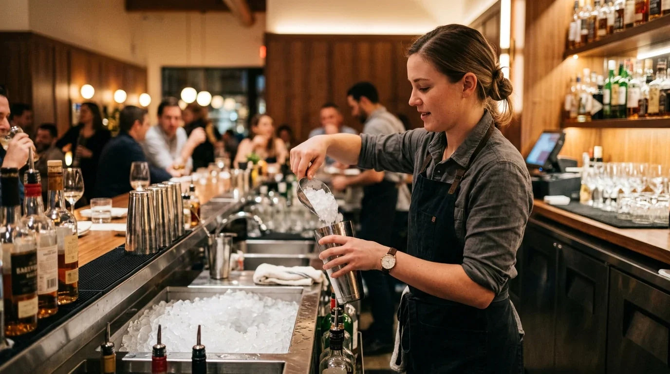 Bartender scooping fresh Scotsman-style cube ice into a glass at a commercial bar
