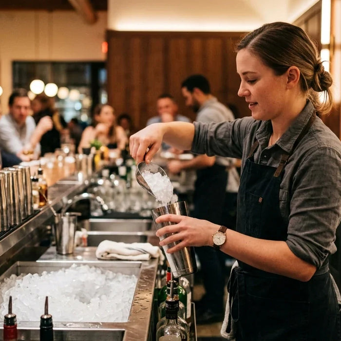 Bartender scooping fresh Scotsman-style cube ice into a glass at a commercial bar