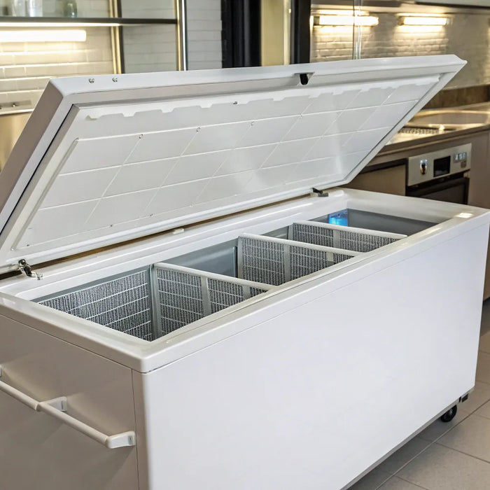 White 10 cu ft chest freezer open, showing organized frozen food storage.