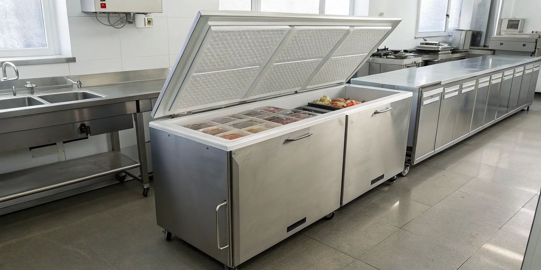 White 10 cu ft chest freezer with organized frozen food storage.