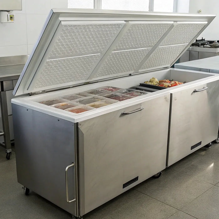 White 10 cu ft chest freezer with organized frozen food storage.