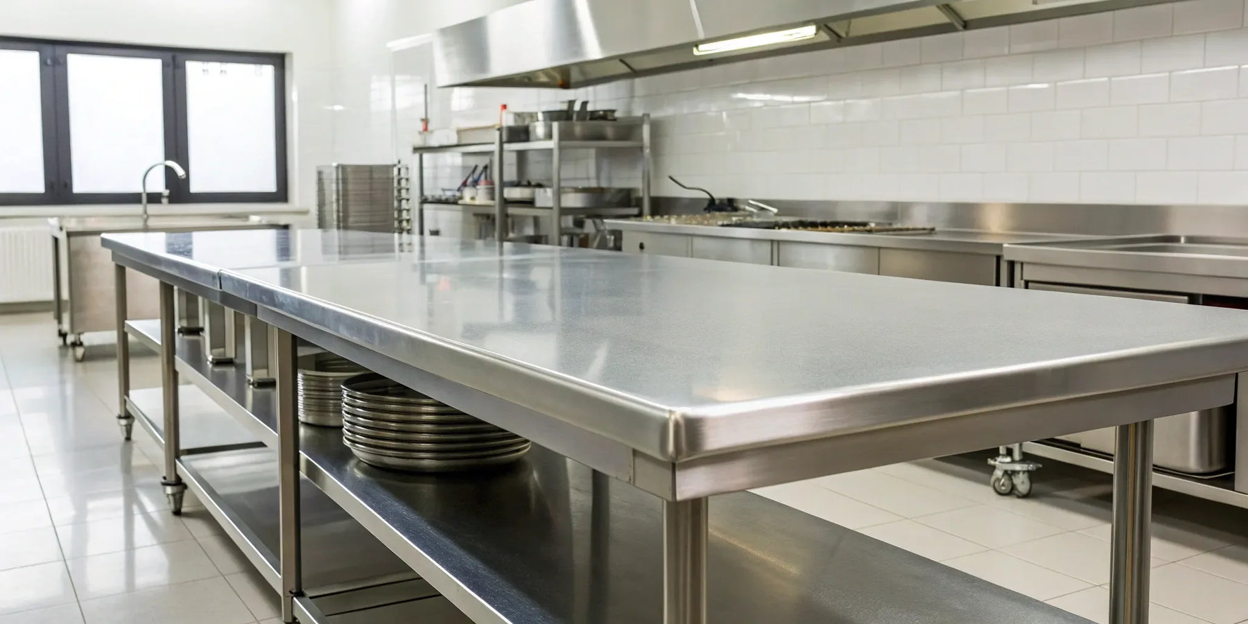 10 ft stainless steel table with undershelves.