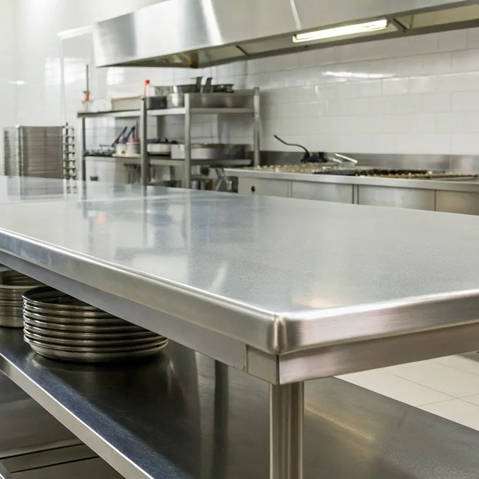 10 ft stainless steel table with undershelves.